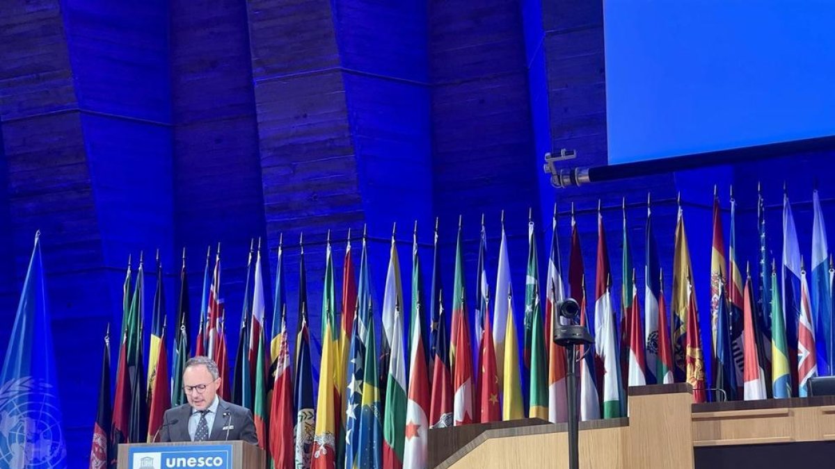 El cap de Govern, Xavier Espot, durant la seva intervenció en la 42a Conferència General de la Unesco