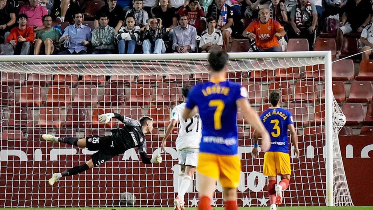 Un dels gols de l'Albacete en el duel d'ahir contra l'FC Andorra.
