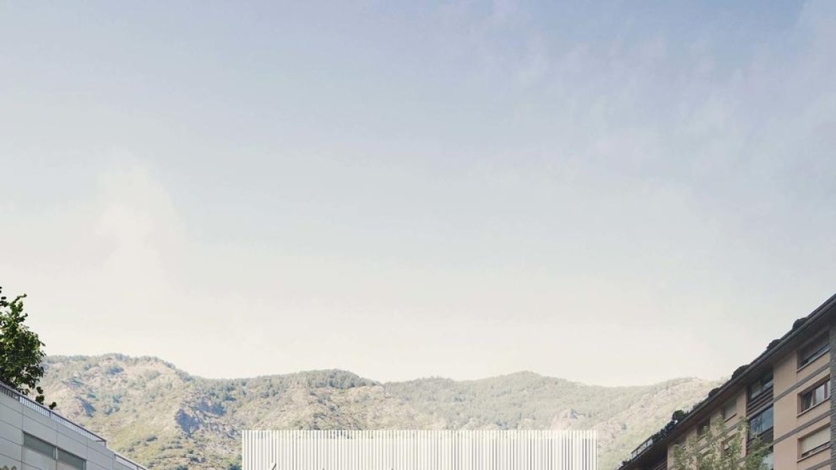 Recreació virtual de la façana del nou edifici d'Andorra Telecom situat al centre de la capital.