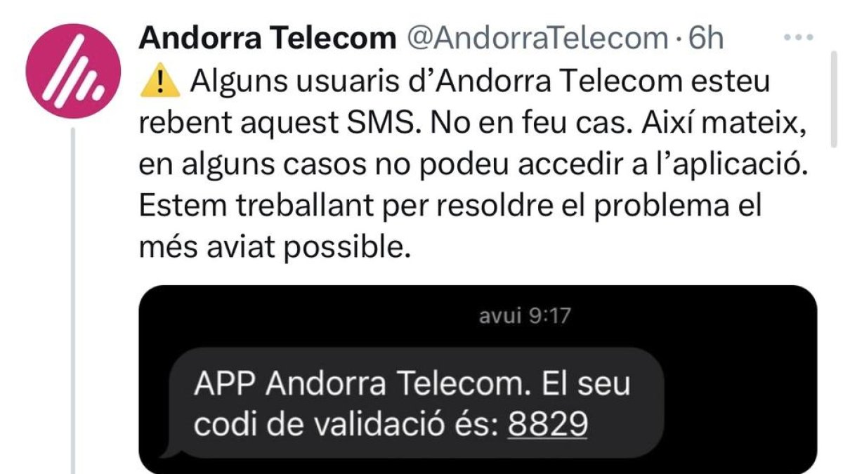 El comunicat d'Andorra Telecom a Twitter.