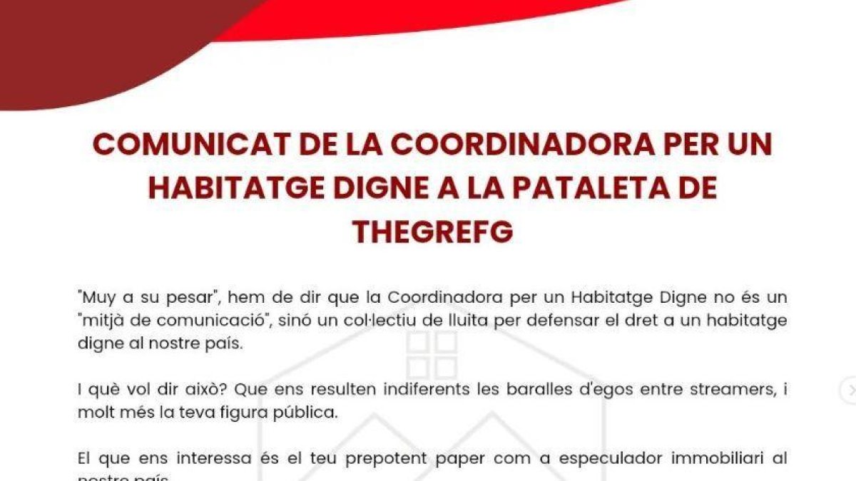 Comunicat de la Coordinadora de l'habitage en resposta a The Grefg