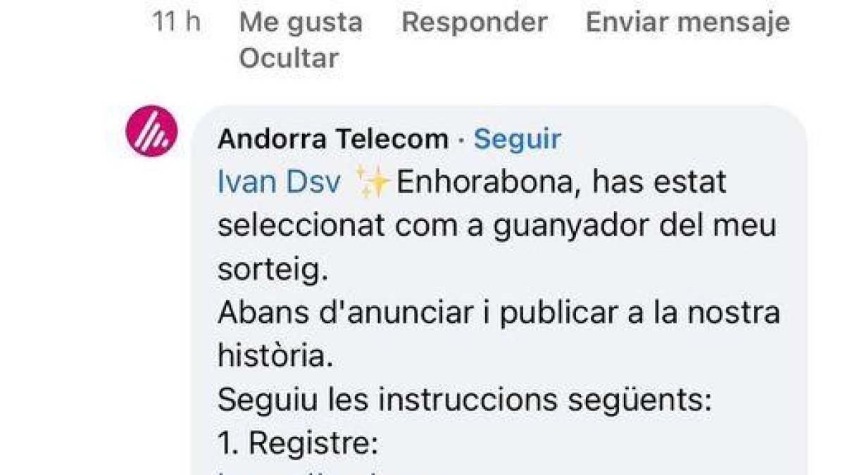 Missatge fraudulent fent-se passar per Andorra Telecom