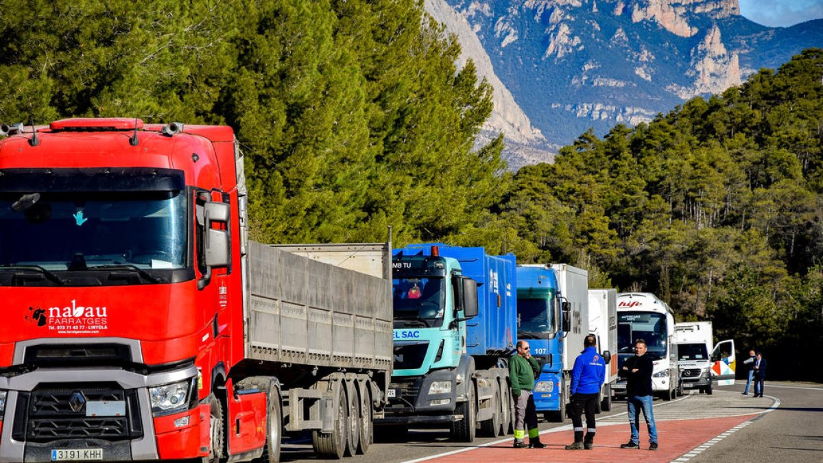 Camions i autobusos aturats a Bassella, ahir.