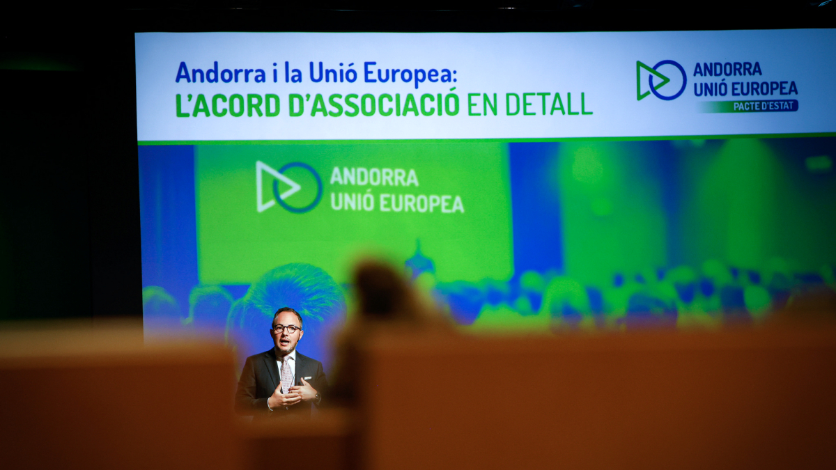 El cap de Govern, Xavier Espot, en l’acte públic sobre l’acord amb la UE del 12 de març.