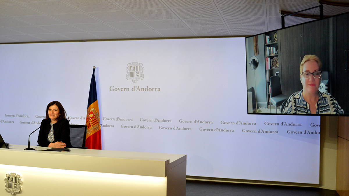 La ministra Imma Tor i Jelena Pià, que ha comparegut telemàticament aquesta tarda