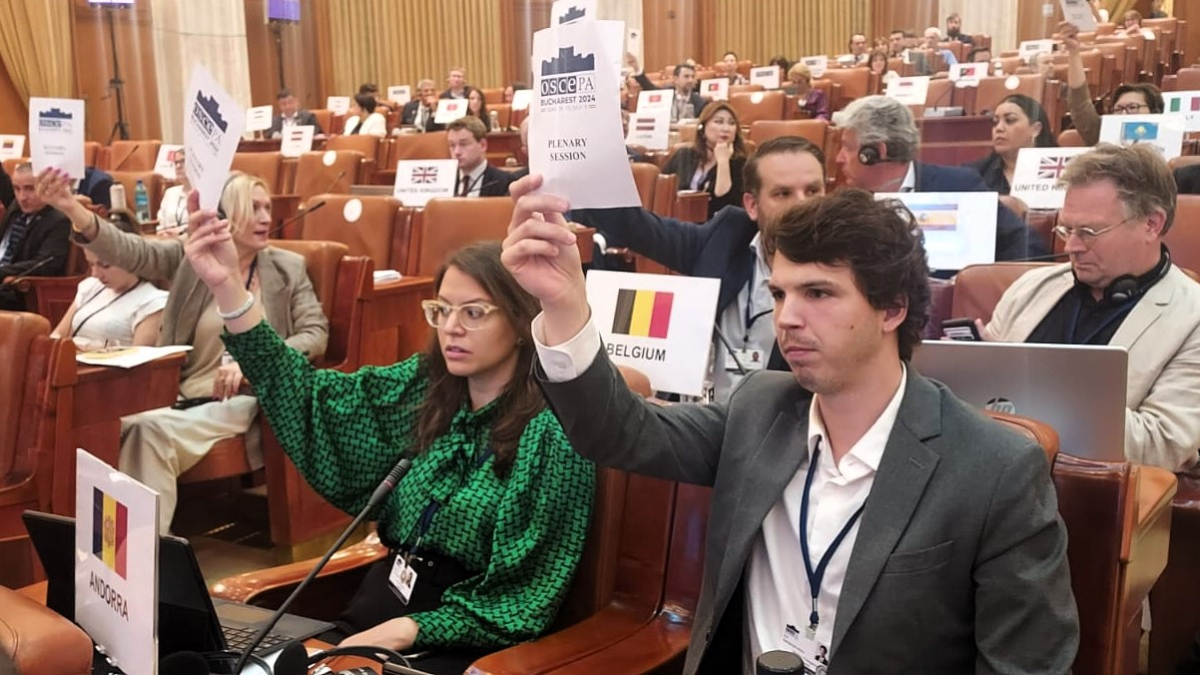 Meritxell López i Pol Bartolomé en el moment de la votació de la Declaració de Bucarest.