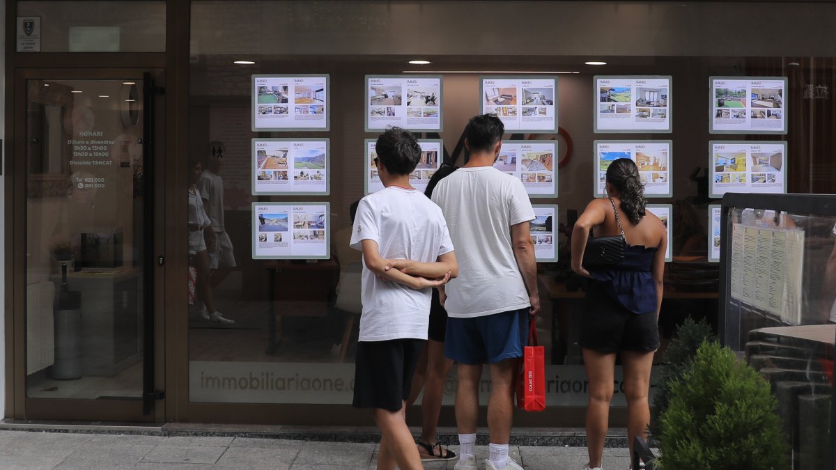 Un grup de joves observa les ofertes immobiliàries.
