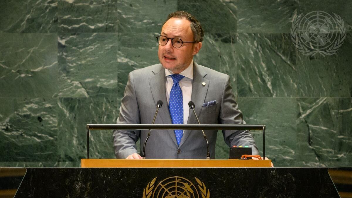 Xavier Espot durant una intervenció a la seu de les Nacions Unides.