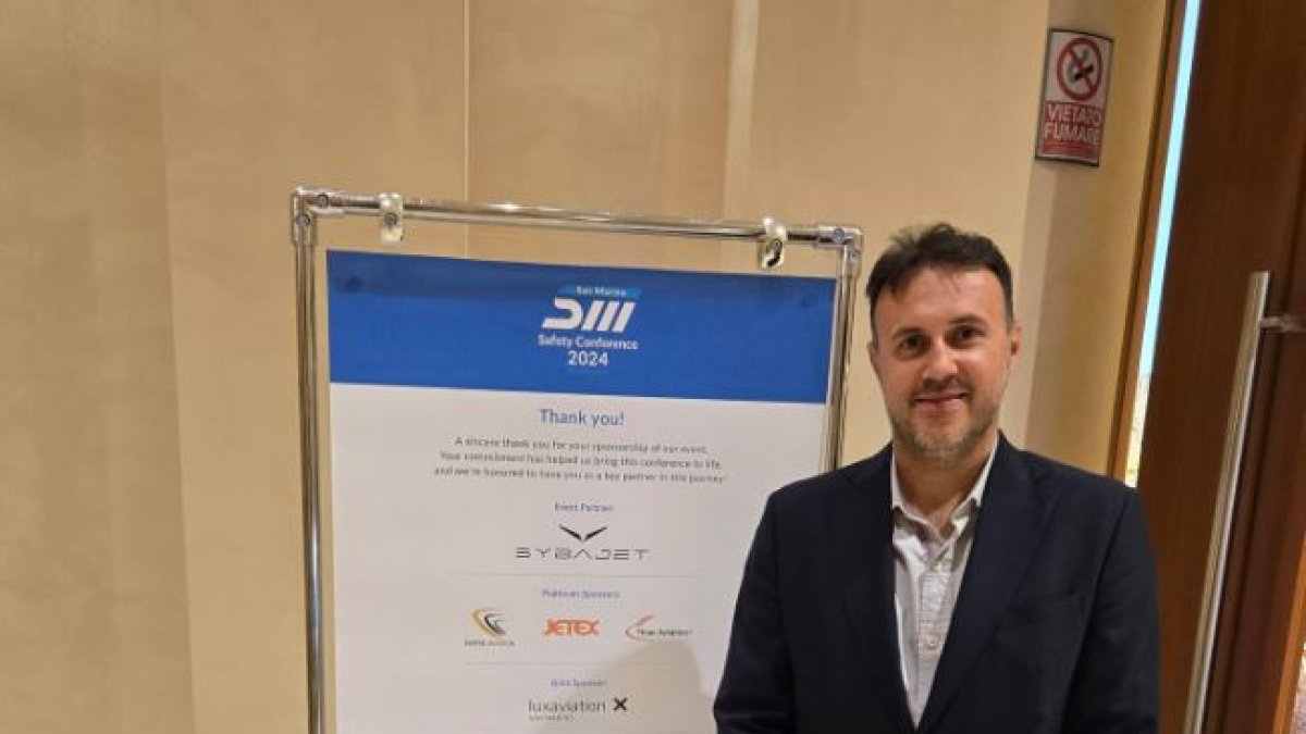 El vicepresident de l’Associació de pilots i propietaris d’aeronaus d’Andorra, AOPA Andorra, Marc Valén, en la Primera Conferència Internacional de Seguretat en Aviació a San Marino 2024.