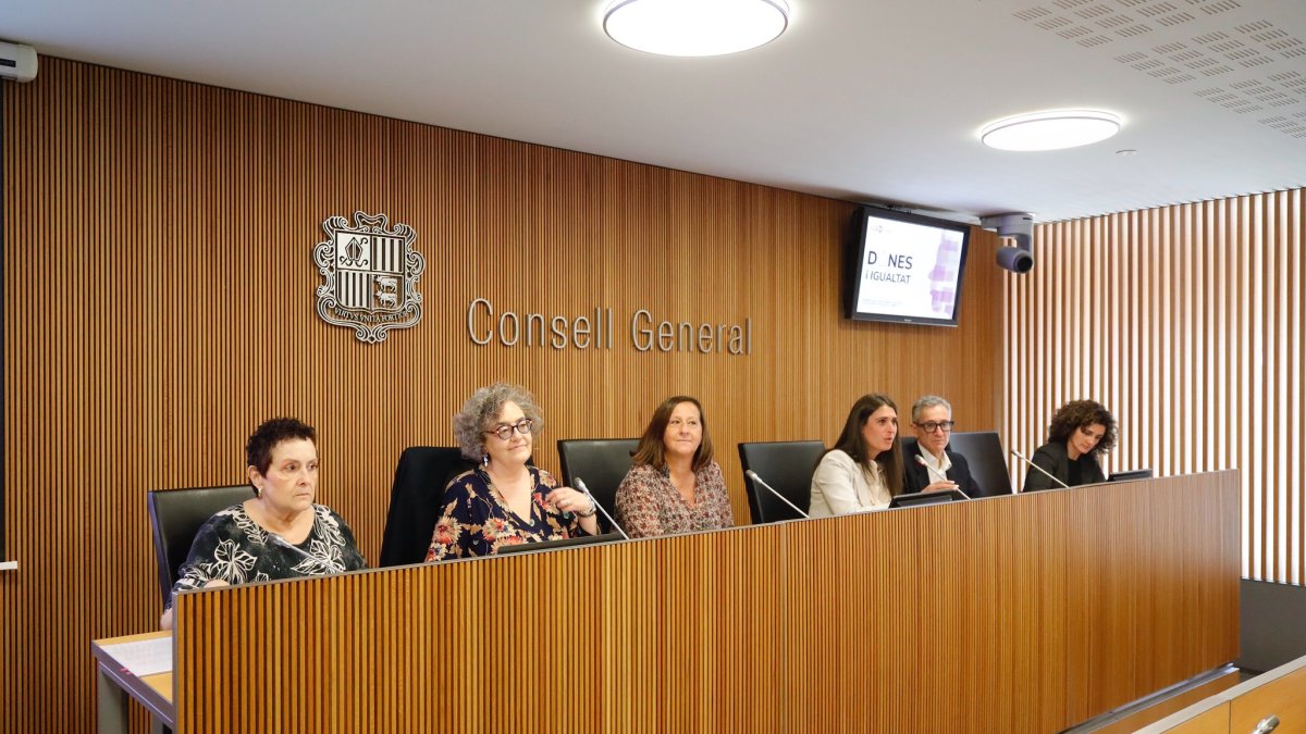 Les representants de l’Institut de la Dona i la comissió legislativa d’Afers Socials i Igualtat ahir.