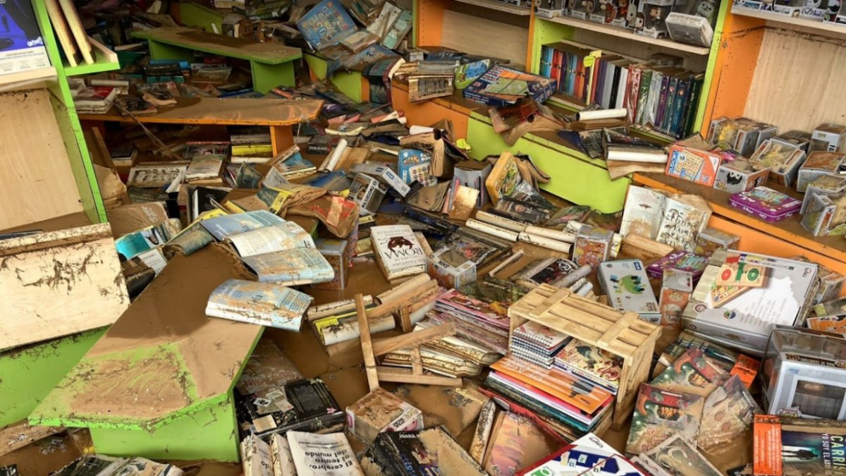 L’estat dels llibres després de les inundacions al centre comercial.