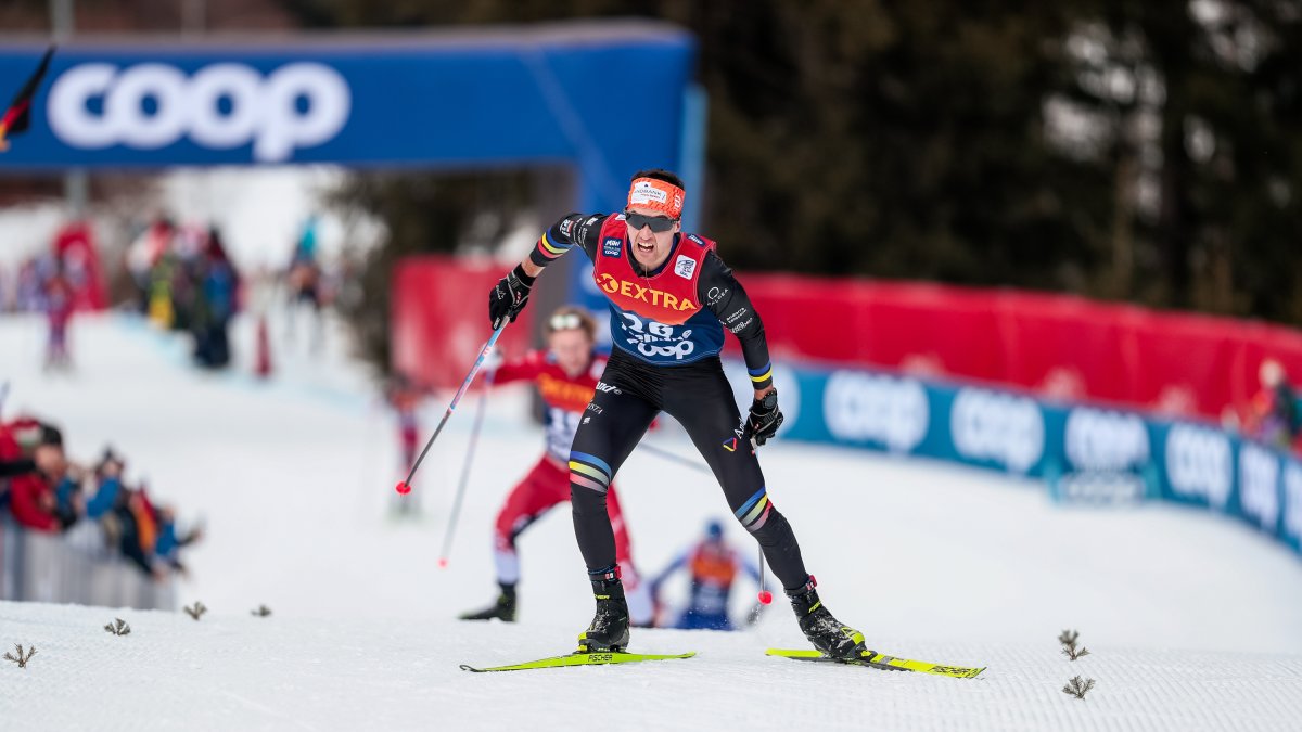 Irineu Esteve, a l’arribada final a Alpe Cermis, ahir.