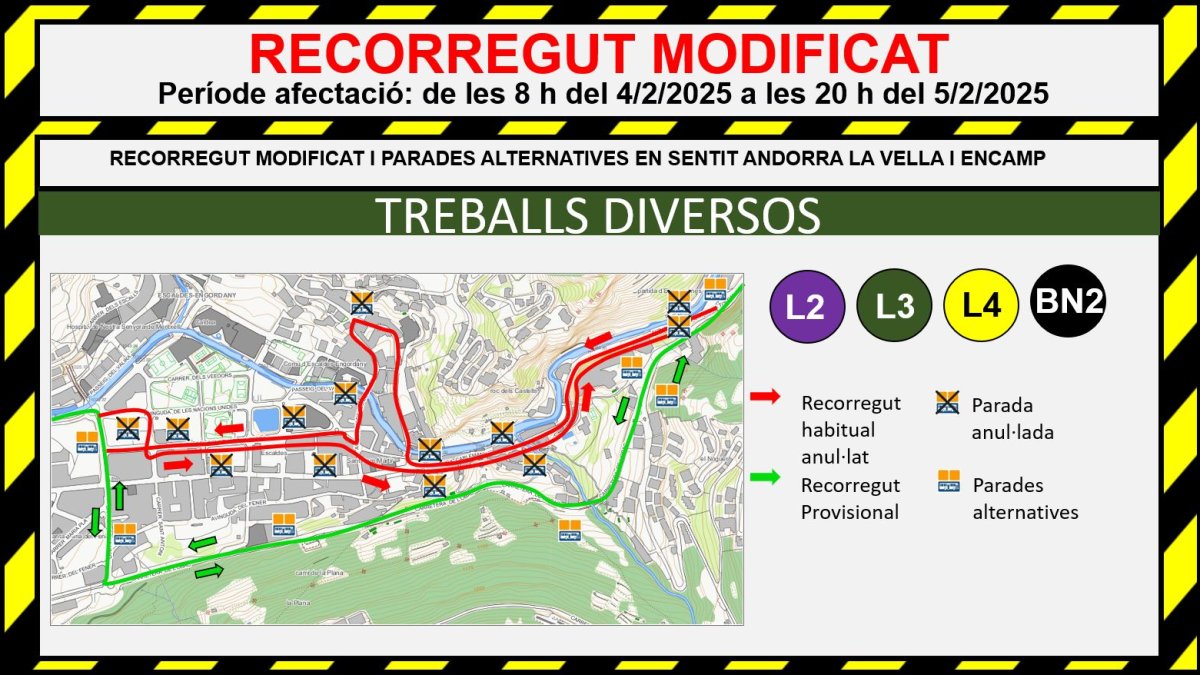 El recorregut modificat de diverses parades de bus a causa de les obres del projecte Caldes