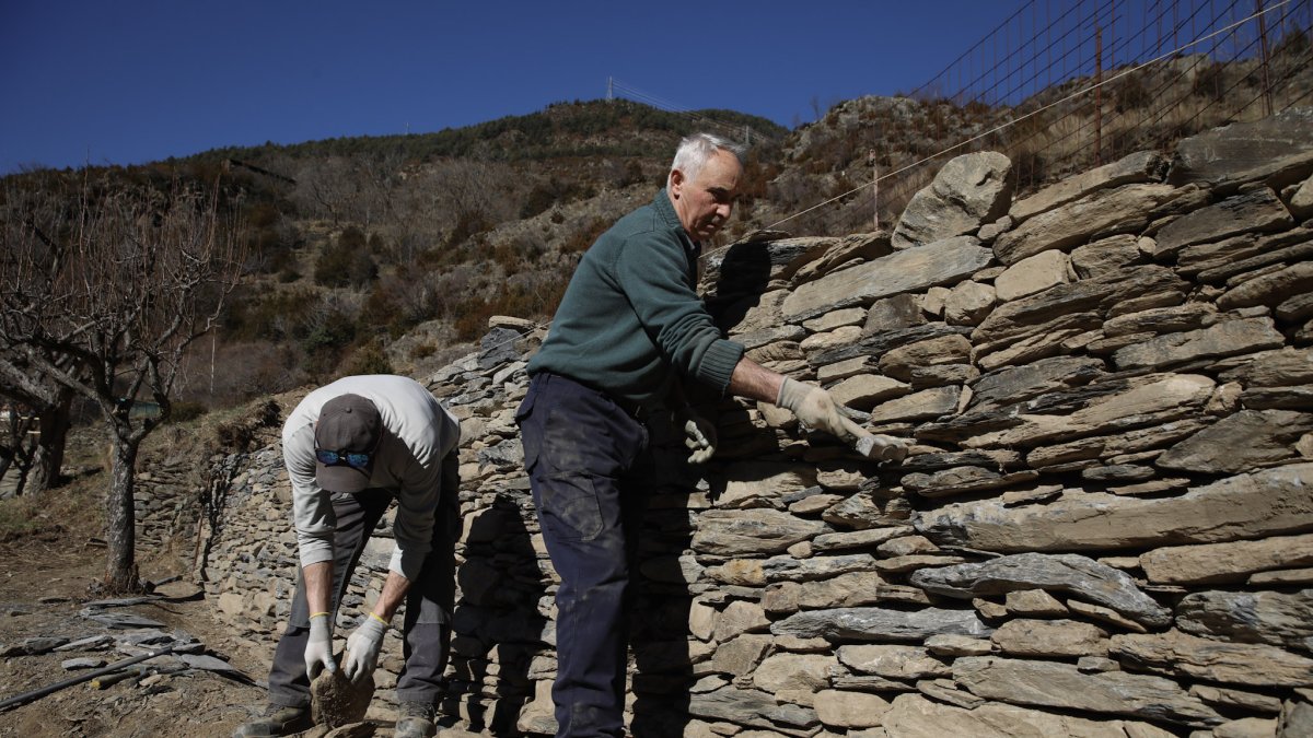 Treballadors durant la reparació d’un mur fet amb la tècnica de la pedra seca.