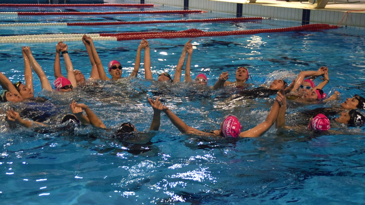 Un grup de nadadores fent un exercici a l'aigua