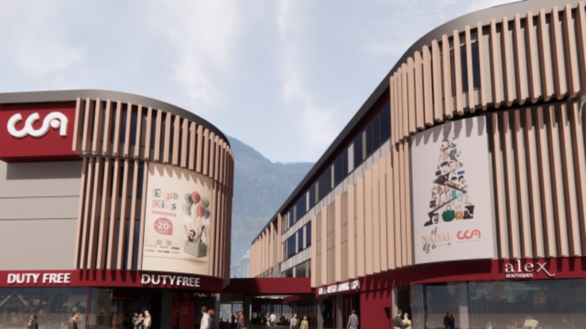 La façana del renovat centre comercial vist des de l'Avinguda Meritxell, una vegada finalitzin les obres