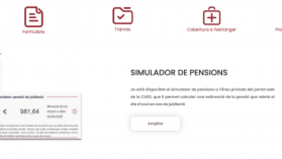 La pàgina web de la CASS, en la que s'informa que hi ha disponible l'eina per calcular la pensió.