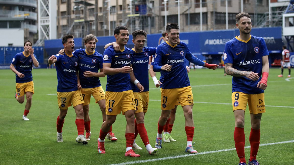 L’FC Andorra celebrant el gol del triomf  contra el Nàstic.