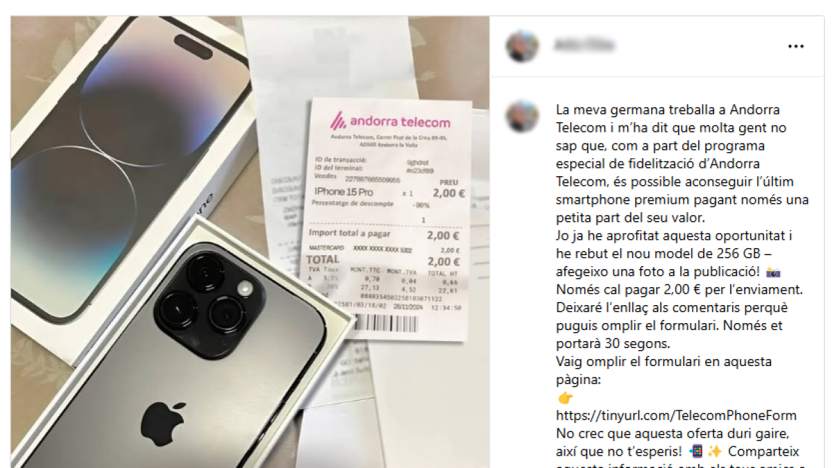 El missatge fraudulent sobre un suposat programa de fidelització d'Andorra Telecom