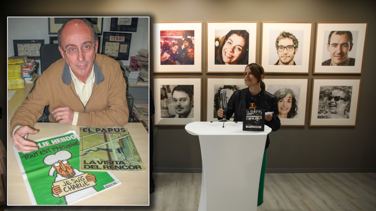Joan Pieras amb la portada de ‘Charlie Hebdo’ l’any 2015 i la cònsol major, Rosa Gili, dijous.