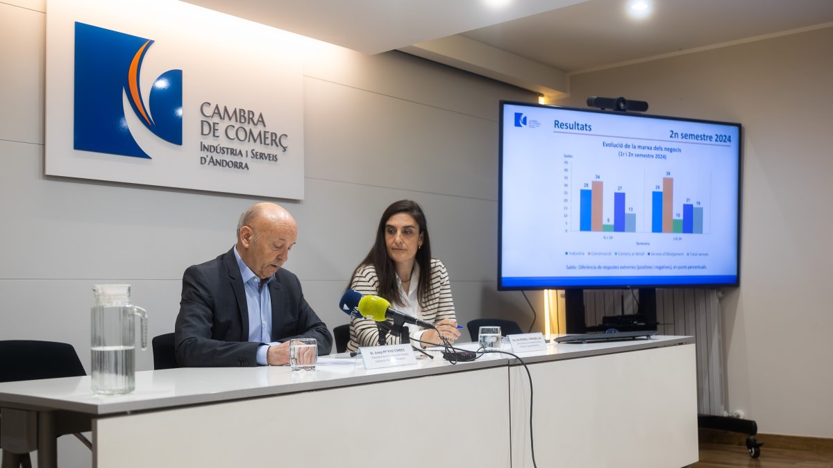 Josep Maria Mas i Sol Rossell en la presentació de l'Informe de la Cambra