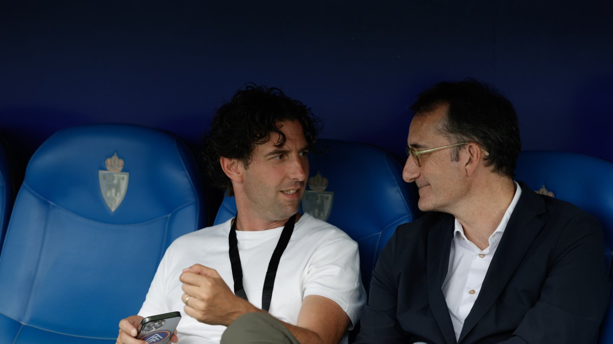 El director esportiu de l’FC Andorra, Jaume Nogués, amb el president, Ferran Vilaseca.