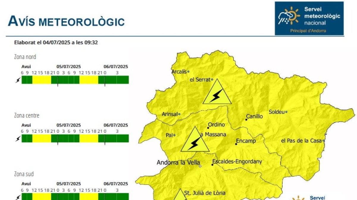 Avís groc per tempestes amb activitat elèctrica i calamarsa