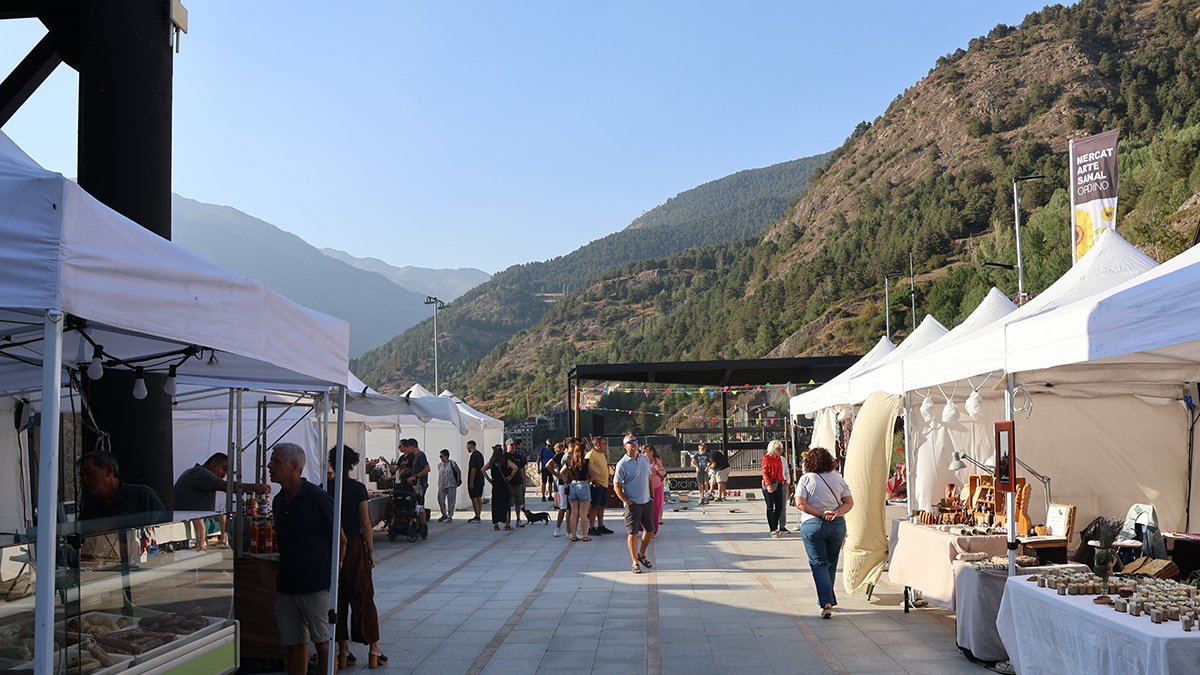Visitants al Mercat Artesanal de la plaça de la Closa.