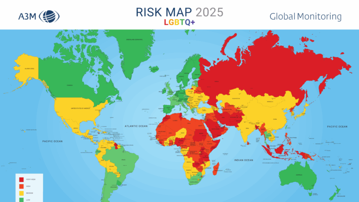 El mapa de riscos per als viatgers LGTBIQ+ publicat per A3M.