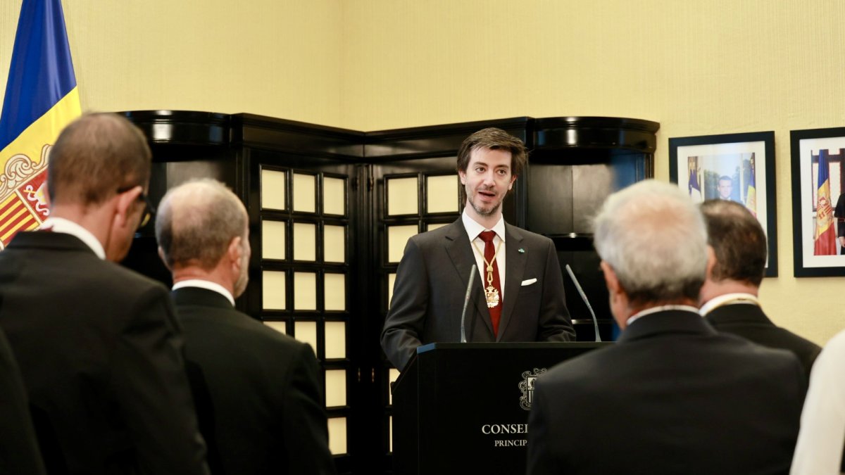El síndic general, Carles Ensenyat, durant el discurs de la Diada de Meritxell