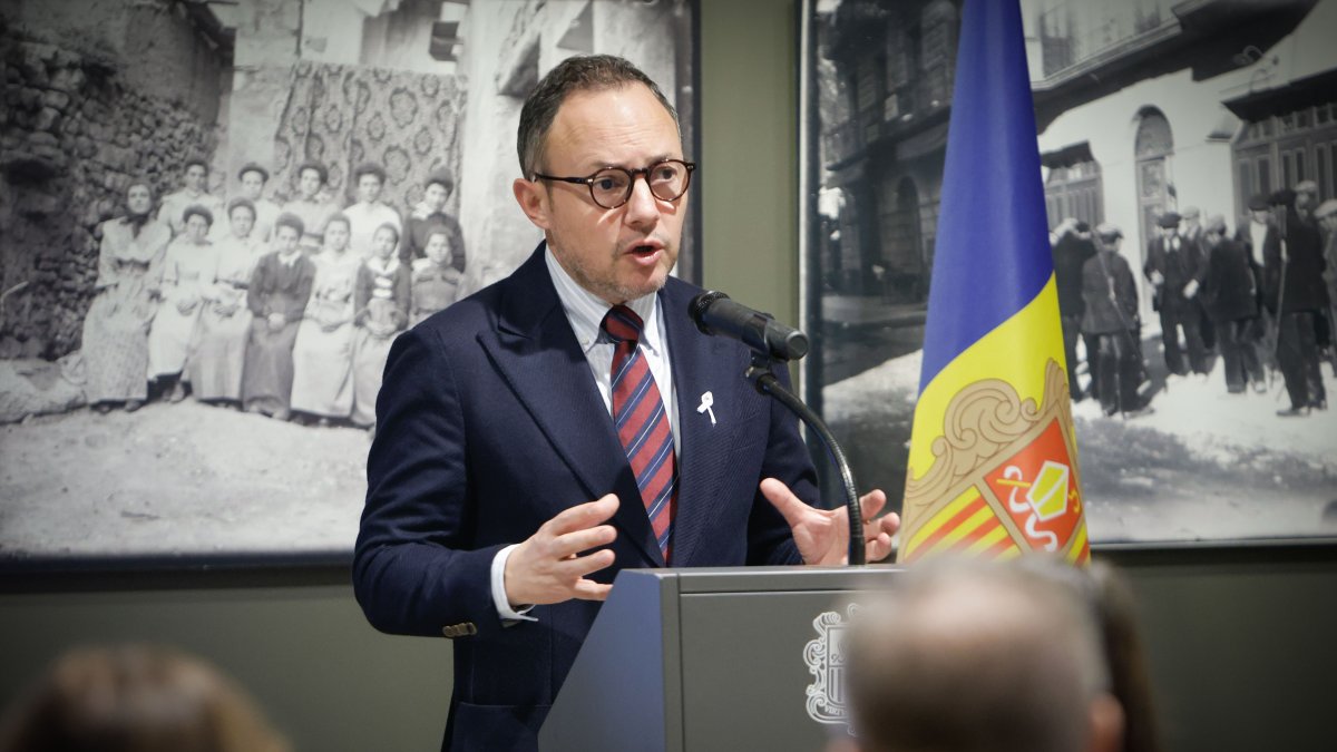 El cap de Govern, Xavier Espot, durant el discurs amb motiu del Dia mundial contra la violència envers les dones.