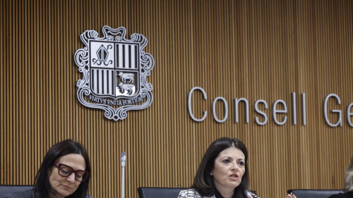 Imma Tor i Ester Molné, avui, al Consell General, durant la comapreixença per parlar sobre la posada en marxa de l'Entry/Exit a Espanya