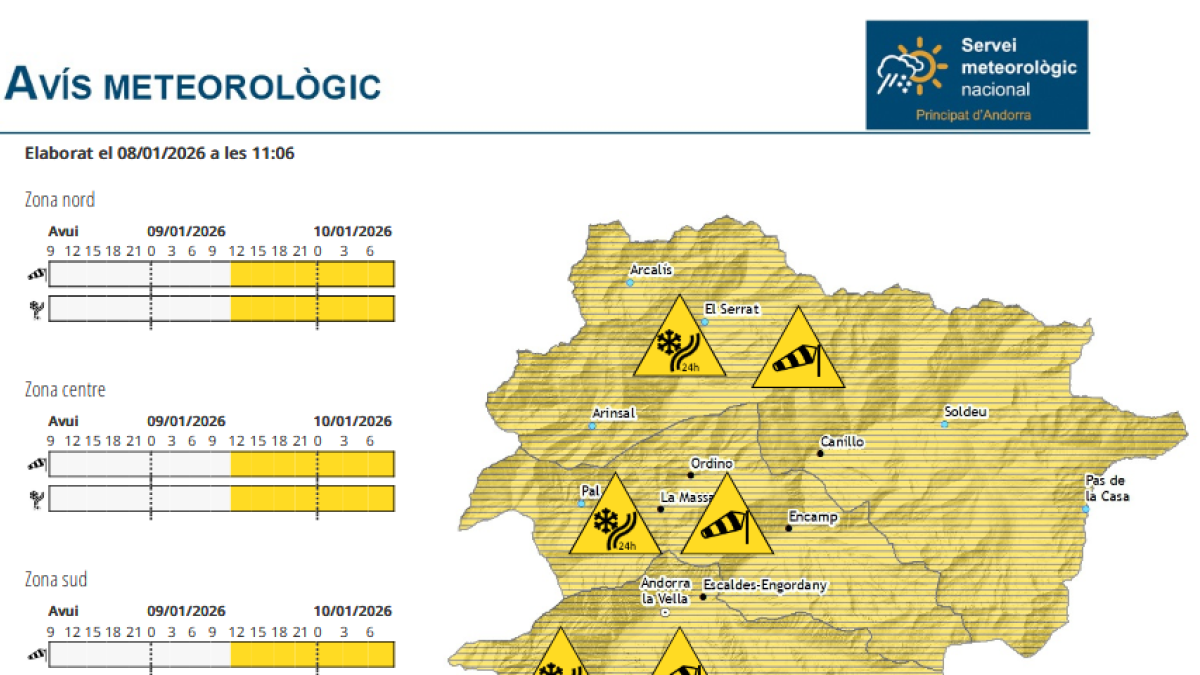 Avís groc per neu i vent a partir de demà al migdia.