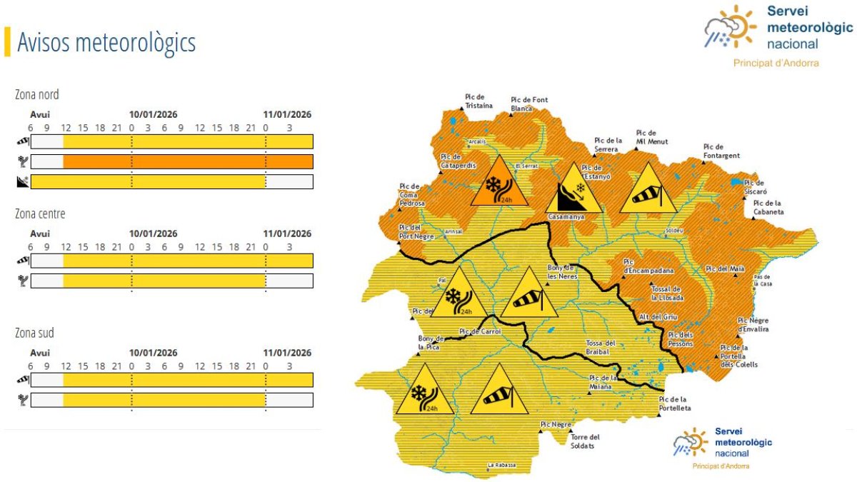 Avís taronja al nord i groc al centre i sud d'Andorra per neu.