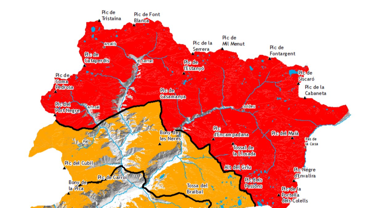 Perill d'allaus 4 al nord d'Andorra i 3 a la resta del Principat.