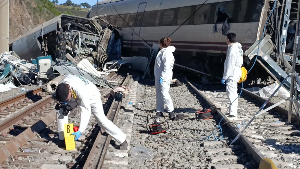 Agents de la guàrdia civil treballant davant dels vagons d'un tren Alvia destrossats per l'accident a Adamuz