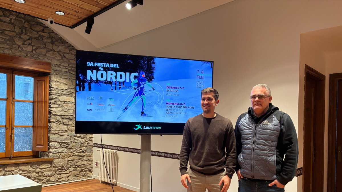 El conseller d'esports del comú de Sant Julià de Lòria, Marc Ferré, i el director tècnic del NEC la Rabassa-Naturland, Joan Erola, durant la presentació de la festa del Nòrdic.