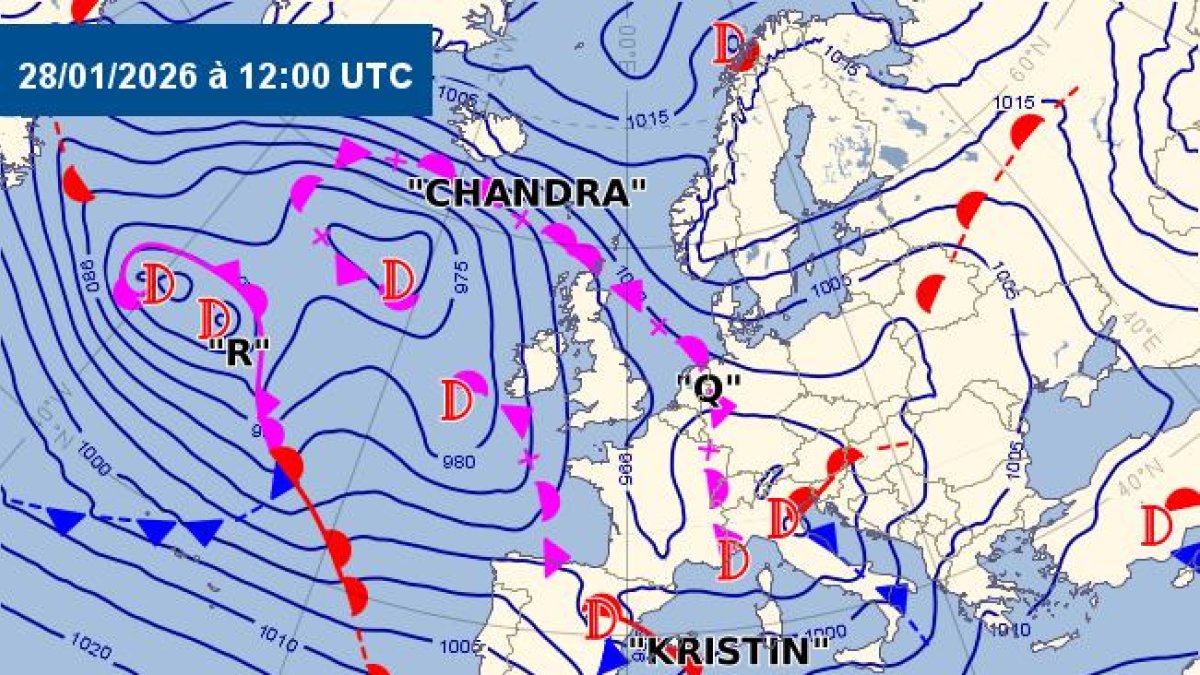 Mapa de Meteo on es mostren les dues borrasques que tenen presència al Principat.