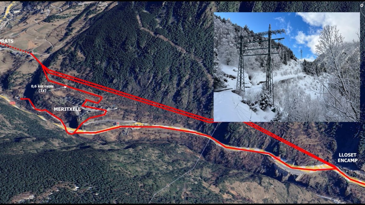 La línia soterrada, a baix. La vella, a dalt.