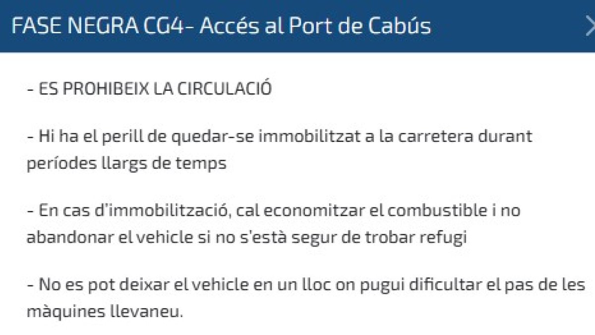 Les condicions de la fase negre a l'accés al port de Cabús.
