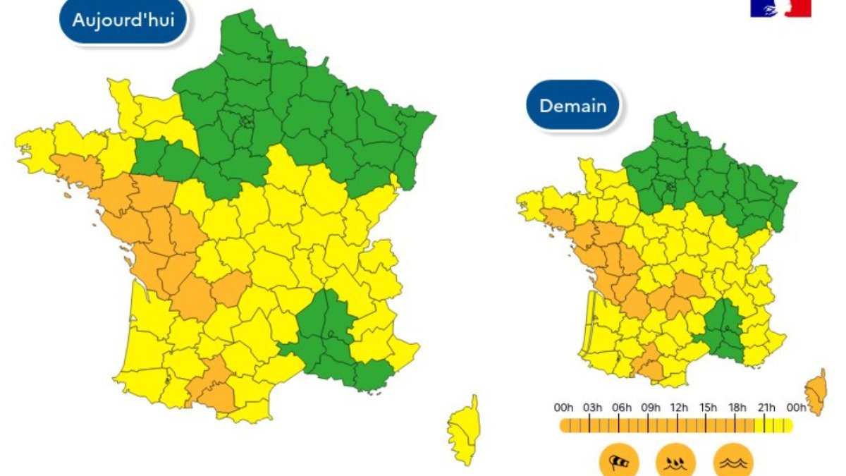 Mapes del departament meteorològic de frança on es mostra l'alerta taronja per avui i demà.