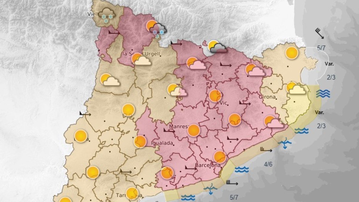 El mapa d'avisos grocs i vermells pel fort vent demà.
