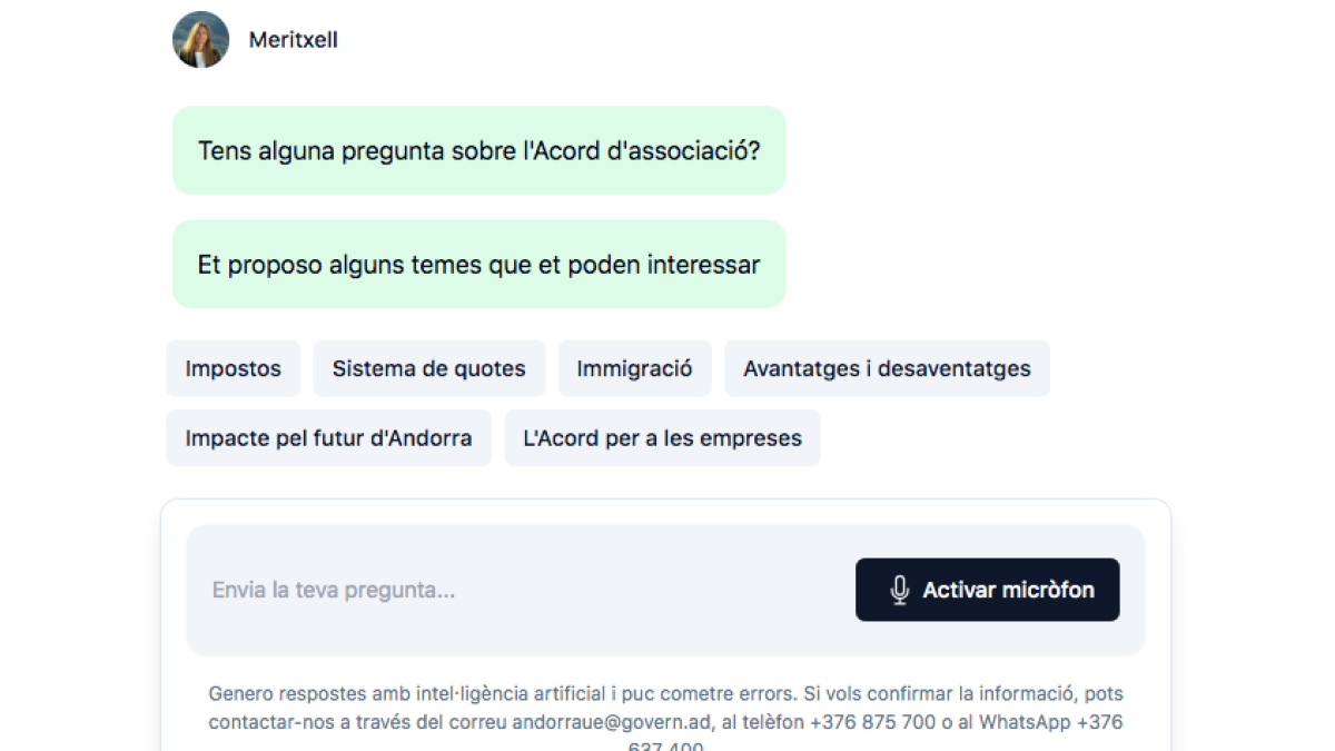Meritxell, la IA andorrana que respon dubtes sobre l'acord d'Associació.