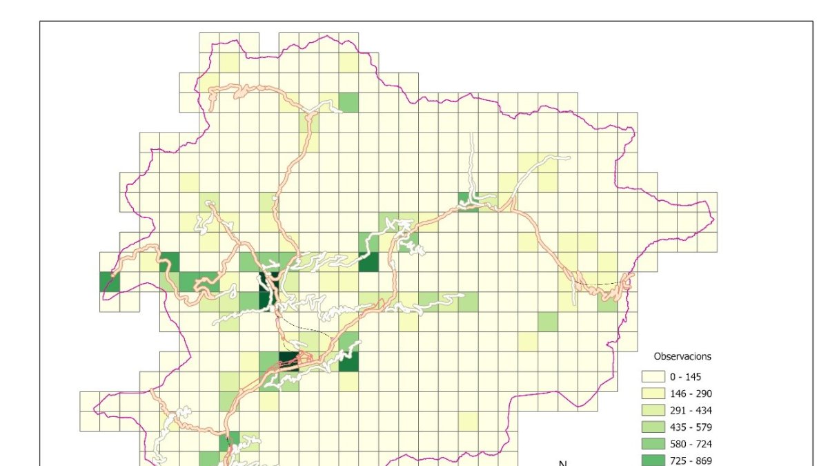 Mapa d’observacions d’Ornitho excloent els quadrants amb vies de comunicació.
