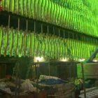 La nova façana del Centre Cultural Lauredià il·luminada de color verd.