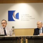 El president de la Cambra de Comerç, Indústria i Serveis (CCIS), Josep Maria Mas, i el cap de Govern, Xavier Espot, durant la presentació de l'informe.