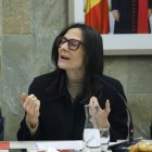 La ministra Molné durant la trobada amb els mitjans de comunicació