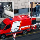 Una ambulància al servei d’urgències i diversos vianants evitant caure a terra per culpa del gel.