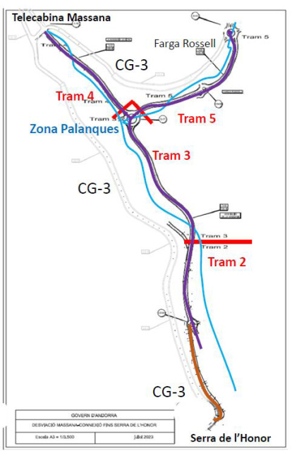 Plànol dels diferents trams de la desviació de la Massana