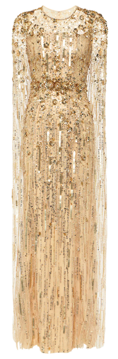 Vestit de festa Honey Dew amb mànigues tipus capa i acabat lluminós amb lluentons i cristalls.